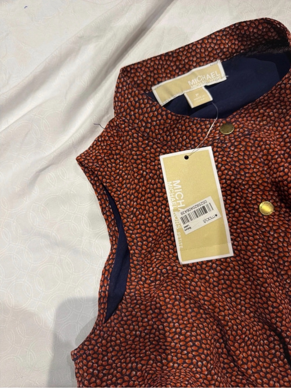 Michael Kors Textured Rust Orange Sleeveless Shell with Gold Buttons